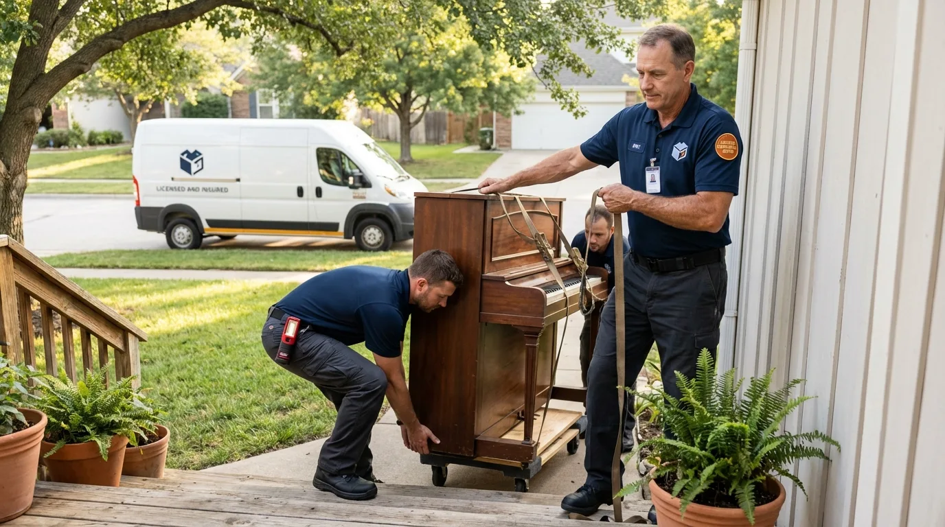 Licensed piano movers securing grand piano in Conway Springs, KS