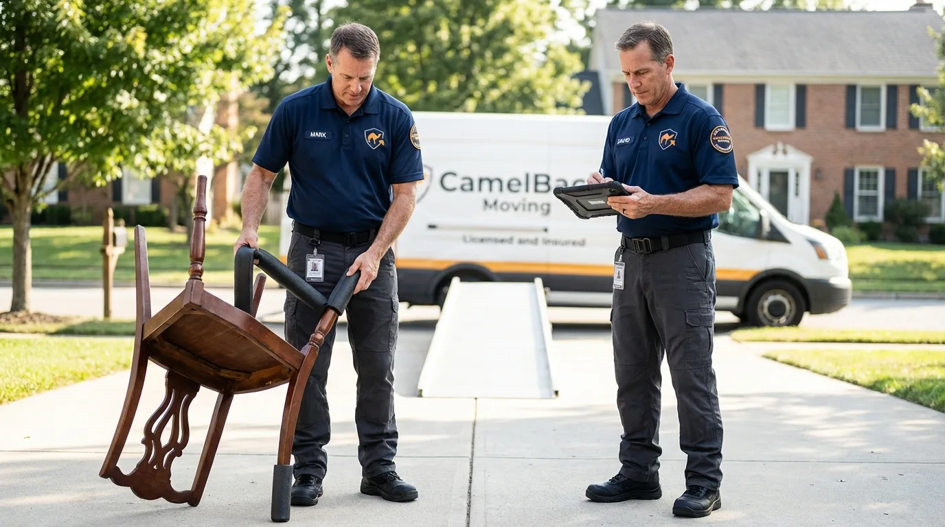 Movers inspecting furniture for damage prevention before loading in Conway Springs, KS