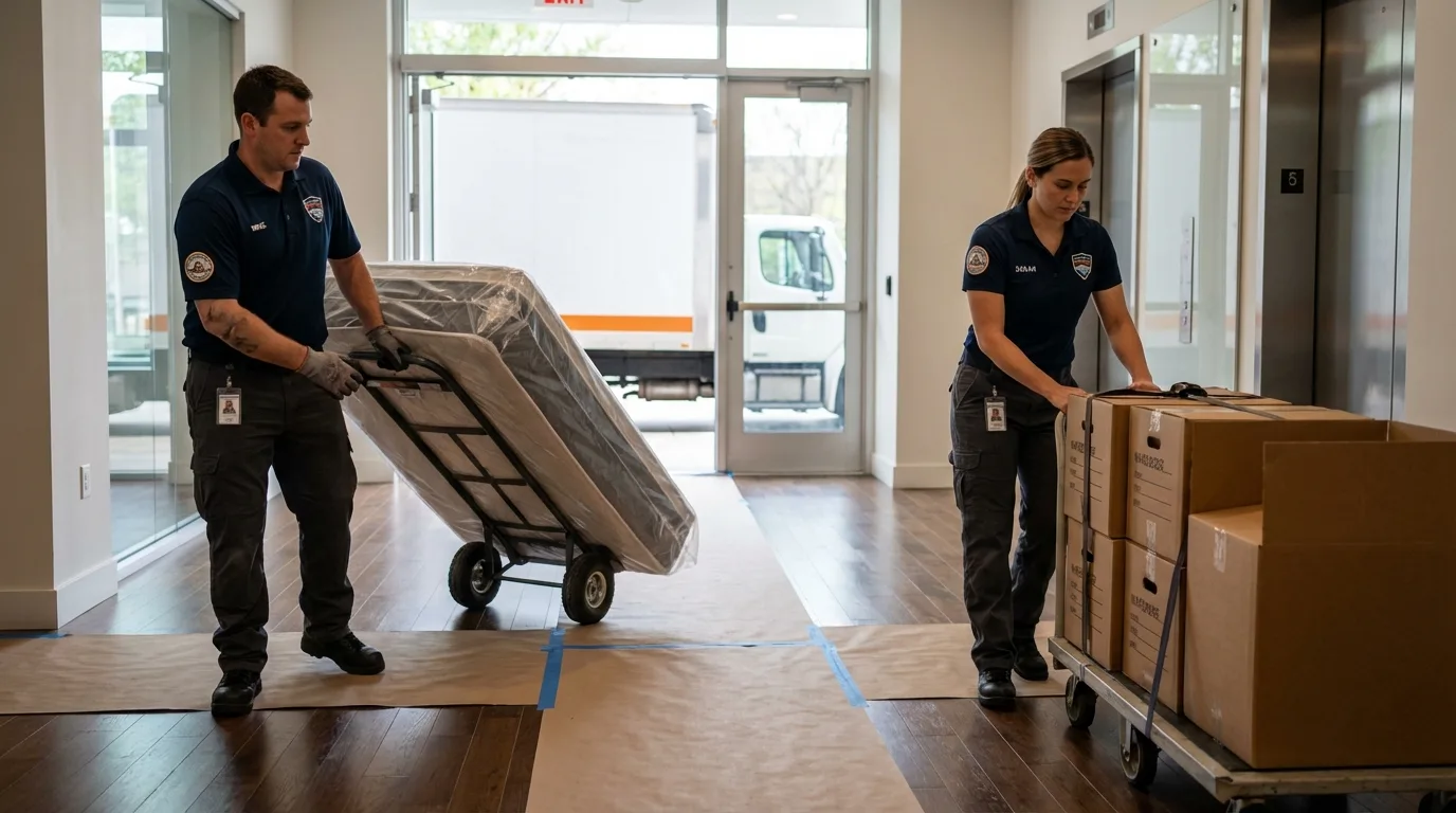 Professional apartment movers loading elevator in Conway Springs, KS