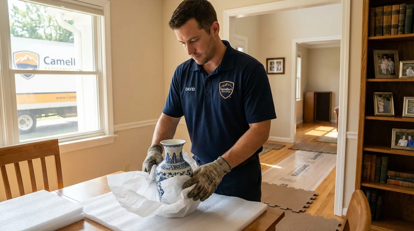 Professional crew carefully wrapping antique vase for senior downsizing move in Conway Springs, KS